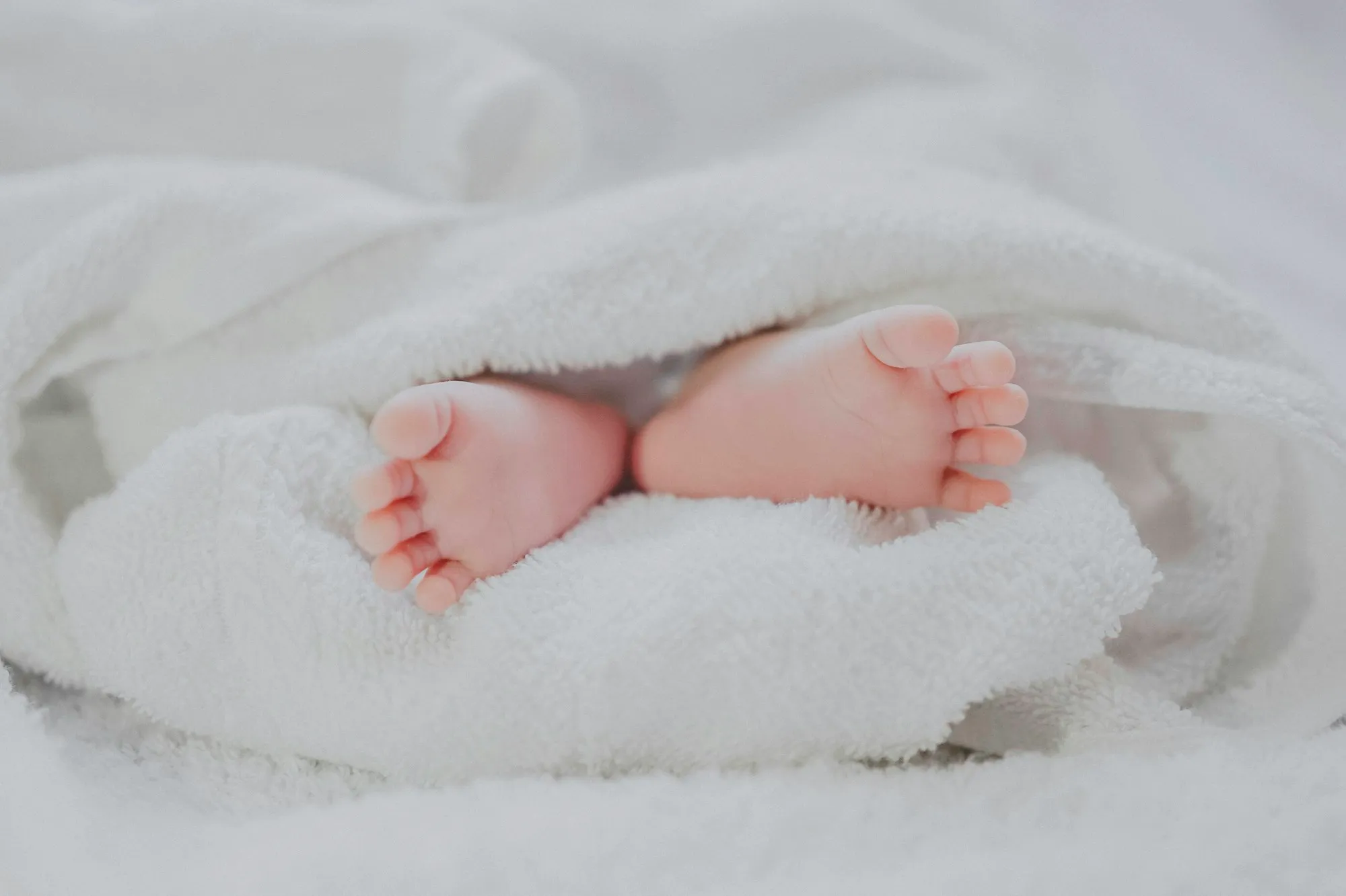 A newborn’s feet tucked into a soft white blanket
